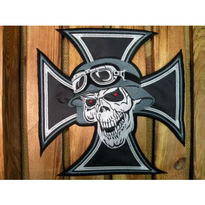 Krzyż Maltański Czaszka Hełm Gogle Czarno Szara Duża Naszywka Haftowana