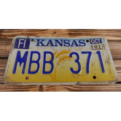 Kansas Tablica Rejestracyjna USA MBB371 Żółta Kłosy Zboże