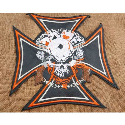 Krzyż Czaszka Karty Pistoletyl Duża Naszywka Pomarańcz