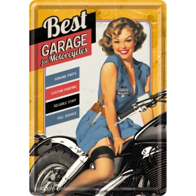 Pin up Girl Best Garage pocztówka metalowa żółta